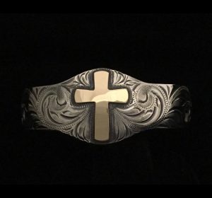 custom silver and gold cross bracelet made by SB Western Silver in Bandera TX